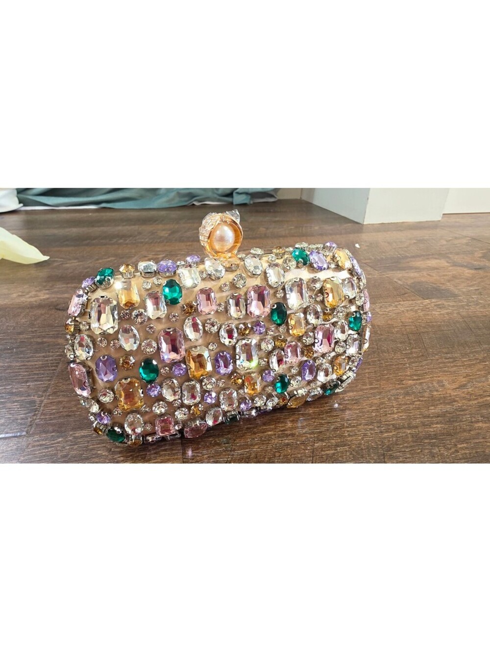 Elegant Multicolor Rhinestone Embellished Clutch Purse with Pearl Clasp